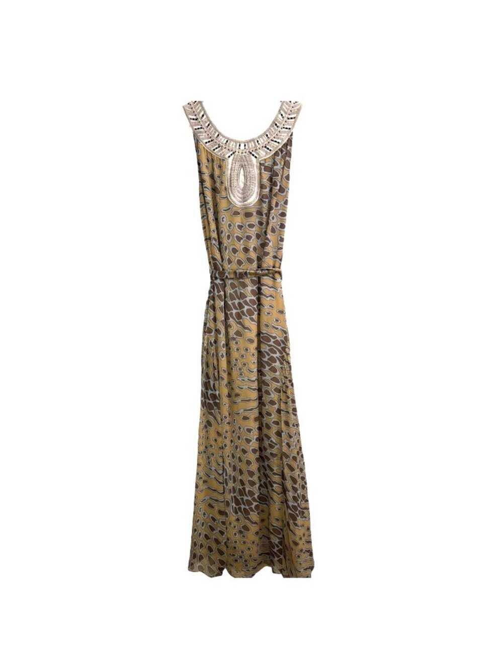 Love Binetti Embroidered Neckline Belted Maxi Dress 12 Abstract Animal Print